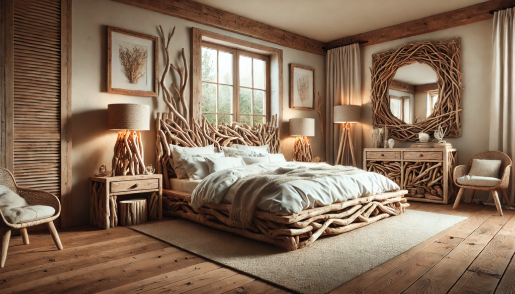 Chambre décorée avec du bois flotté.