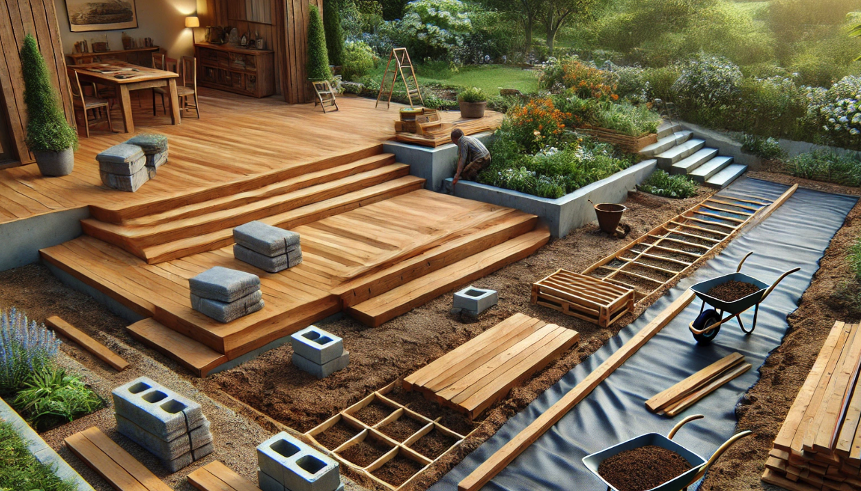 La mise en place d'une terrasse en bois.