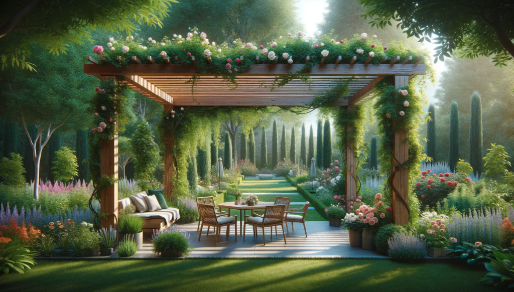 Magnifique pergola en bois dans un jardin fleuri.