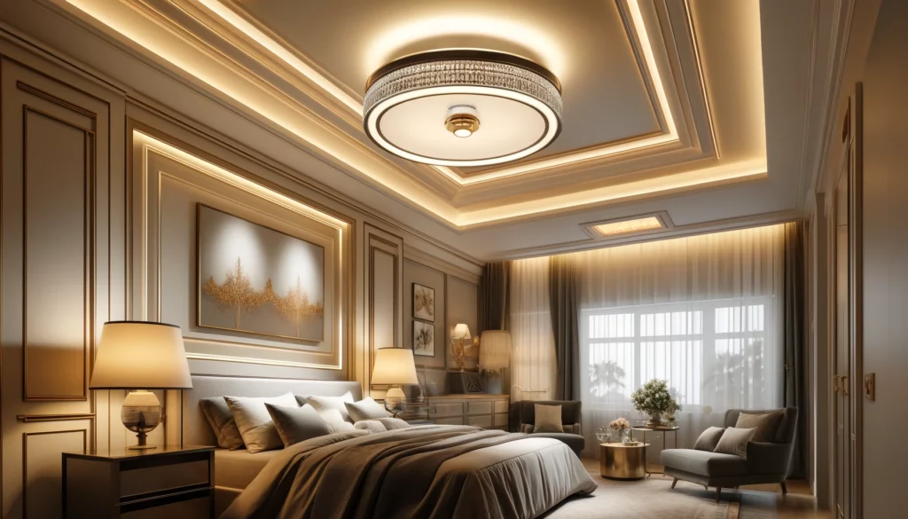 Un plafonnier moderne dans une chambre luxueuse.