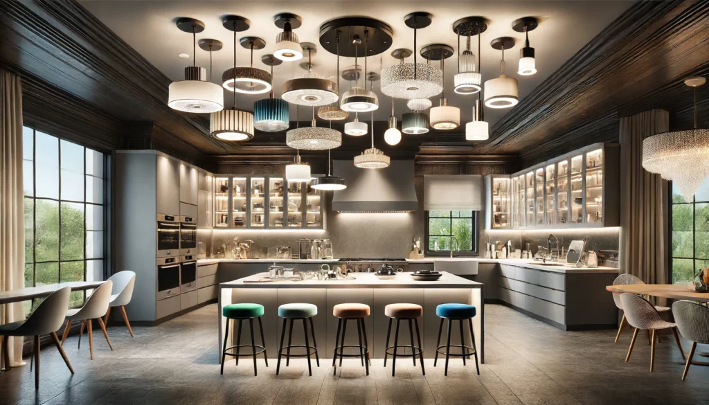 Une multitude de plafonniers LED dans une cuisine moderne et luxueuse.