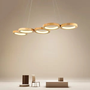Plafonnier suspendu bois naturel design moderne minimaliste lumière chaleureuse éclairage salle à manger chambre salon bureau LED économie d’énergie