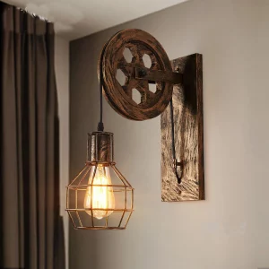 Applique murale vintage industrielle en métal finition bois rustique poulie lampe filament éclairage chaleureux décoration murale salon chambre