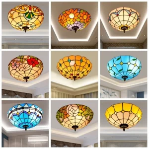 Plafonnier vitrail européen rond style Tiffany luminaire intérieur design artistique éclairage chaleureux pour chambre salon cuisine ou balcon Plafonnier vitrail européen rond style Tiffany luminaire intérieur design artistique éclairage chaleureux pour chambre salon cuisine ou balcon