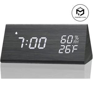 Réveil numérique en bois LED affichage de l’heure  détection de température et humidité  chargeur USB  réveil moderne pour table de chevet ou bureau