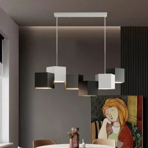 Suspension moderne minimaliste design géométrique métal noir et blanc salon cuisine éclairage contemporain élégant