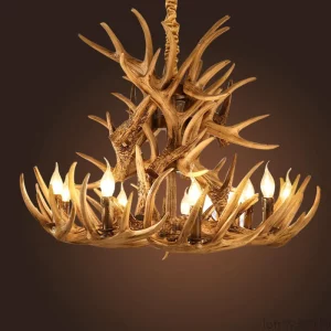 Plafonnier résine style rustique antler chandelier design naturel luminaire salon salle à manger décoration intérieure éclairage chaleureux économie d’énergie