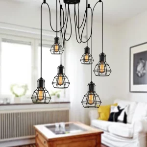 Plafonnier industriel vintage métal noir 6 8 10 têtes cage Edison lumière chaleureuse restaurant loft bar salle à manger éclairage moderne