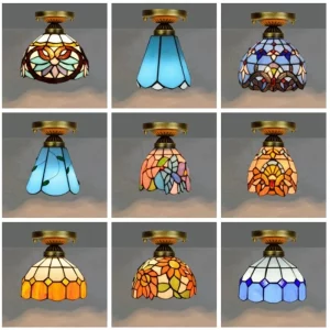 Plafonnier vitrail Art Deco style Tiffany LED E27 verre coloré design floral et géométrique éclairage chaleureux intérieur lumière vintage salon chambre Plafonnier vitrail Art Deco style Tiffany LED E27 verre coloré design floral et géométrique éclairage chaleureux intérieur lumière vintage salon chambre