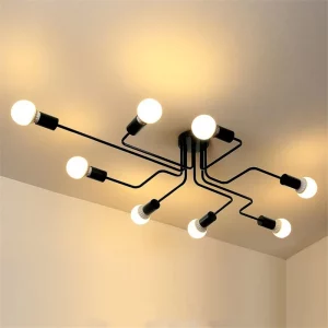 Plafonnier métal industriel moderne 8 têtes lumière blanche chaude design nordique épuré salle à manger cuisine restaurant éclairage intérieur Plafonnier métal industriel moderne 8 têtes lumière blanche chaude design nordique épuré salle à manger cuisine restaurant éclairage intérieur