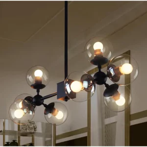 Suspension industrielle moderne en métal et verre transparent design épuré pour salon salle à manger ou chambre Suspension industrielle moderne en métal et verre transparent design épuré pour salon salle à manger ou chambre