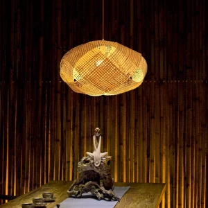 Suspension en bambou tressé design rustique nordique lumière diffuse salon chambre bureau éclairage naturel chaleureux élégant