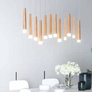 Suspension bois LED design nordique moderne éclairage chaleureux salle à manger salon cuisine épuré lumière personnalisée ajustable