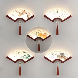 Applique murale LED bois style asiatique éventail chinois japonais intérieur déco luminaire salon chambre loft éclairage rétro chaleureux design naturel