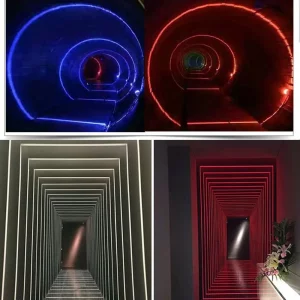 Installation lumineuse murale LED moderne design artistique aluminium tunnel lumière bleue rouge blanche éclairage contemporain bar galerie salle entrée Installation lumineuse murale LED moderne design artistique aluminium tunnel lumière bleue rouge blanche éclairage contemporain bar galerie salle entrée