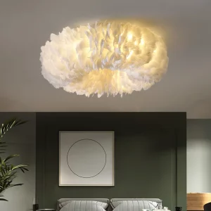 Plafonnier moderne en plumes lumière nordique design aérien chambre salon éclairage chaleureux élégant économique