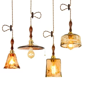 Suspension LED en bois et cuivre style vintage industriel luminaire décoratif chambre salon éclairage chaleureux économique élégant Suspension LED en bois et cuivre style vintage industriel luminaire décoratif chambre salon éclairage chaleureux économique élégant