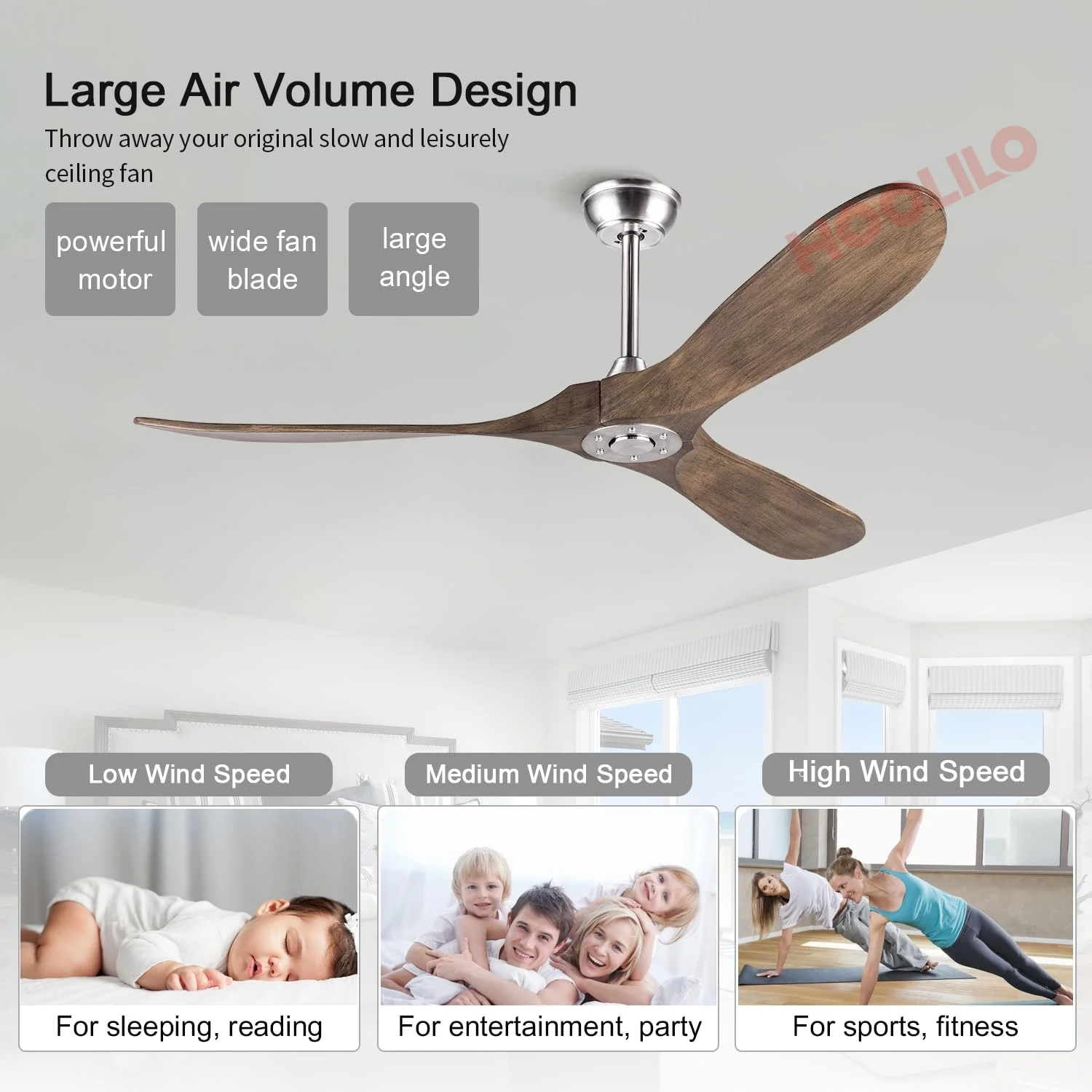Ventilateur de plafond bois naturel LED design moderne style scandinave lumière chaleureuse télécopilote 6 vitesses 60 pouces