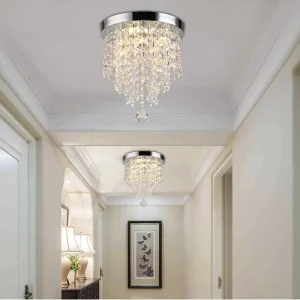Plafonnier LED cristal chrome design moderne sophistiqué éclairage couloir salon lumière chaude élégance économique