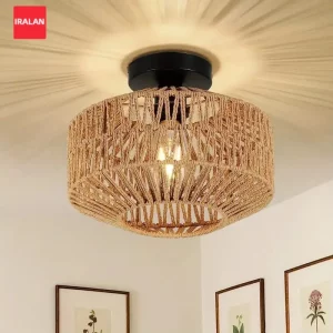 Plafonnier en corde de jute tissé à la main design rustique naturel pour salon chambre décoration intérieure éclairage chaleureux moderne économie d’espace