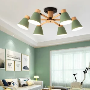 Plafonnier bois nordique design scandinave contemporain lumière chaleureuse six points lumineux éclairage salon chambre restaurant moderne