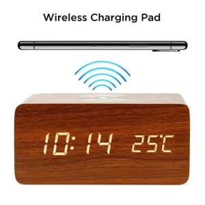 Réveil numérique en bois avec charge sans fil  design moderne et minimaliste