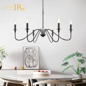Lustre noir à 6 lumières design vintage moderne épuré salon chambre entrée éclairage chaleureux élégant suspension plafond
