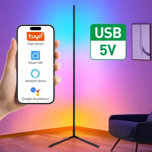 Lampe de sol moderne LED RGBIC aluminium design minimaliste connectivité Tuya télécommande ambiances personnalisables Lampe de sol moderne LED RGBIC aluminium design minimaliste connectivité Tuya télécommande ambiances personnalisables