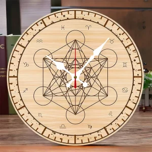 Horloge murale bois naturel design géométrique zodiaque symboles ésotériques salon chambre bureau décoration intérieure mystique artistique Horloge murale bois naturel design géométrique zodiaque symboles ésotériques salon chambre bureau décoration intérieure mystique artistique