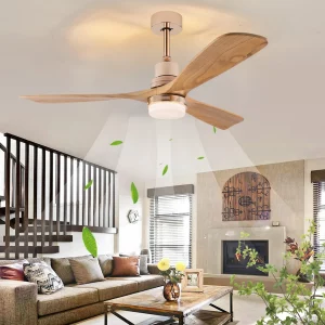 Plafonnier ventilateur bois naturel design scandinave moderne lumière LED éclairage chaleureux chambre salon économie d’énergie élégance naturelle