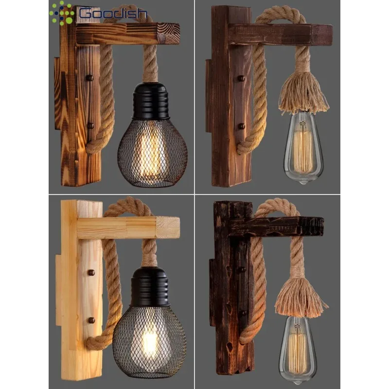 Applique murale bois naturel style industriel rétro corde métal décoration murale éclairage chaleureux salon chambre couloir intérieur lumière vintage