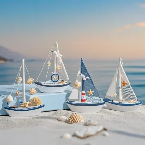Décoration nautique bateau à voile en bois style marin  ornement artisanal bleu pour salle de fête  thème bord de mer  décoration intérieure