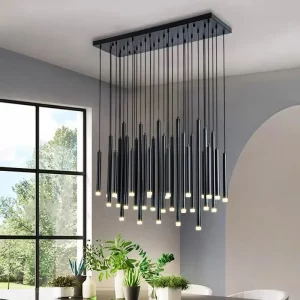 Plafonnier suspendu métal design contemporain lumière LED épurée salon moderne salle à manger éclairage élégant économique