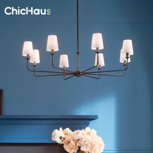 Lustre suspendu métal bronze abat-jour blanc design moderne minimaliste salon salle à manger éclairage intérieur lumière douce élégante