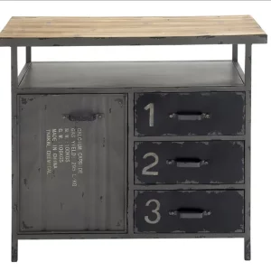 Meuble de rangement style industriel vintage  armoire métal et bois  salon  bureau  entrée  design brut  tiroirs numérotés  étagère  compartiment porte  vintage storage chest