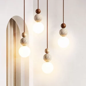 Suspension bois béton design minimaliste contemporain lumière chaleureuse salon cuisine éclairage moderne économie d’énergie élégance naturelle