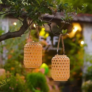 Suspension Bamboo LED lantern outdoor solar rustic garden patio decor elegant eco-friendly