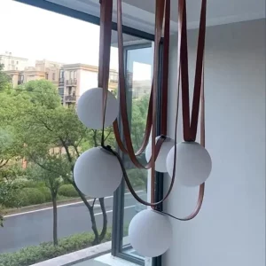 Suspension verre blanc cuir marron design moderne minimaliste salle à manger salon éclairage LED élégant