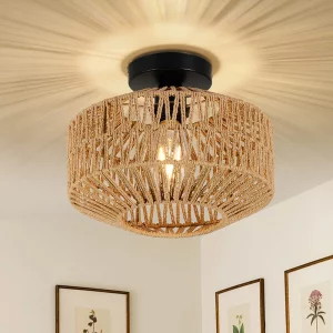 Plafonnier corde tressée naturelle design bohème rustique lumière diffuse salon chambre décor chaleureux éclairage naturel
