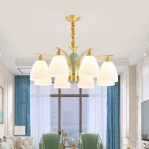 Plafonnier LED en métal doré design nordique moderne  luminaire suspendu en verre blanc opaque  éclairage chaleureux pour salon  salle à manger ou cuisine