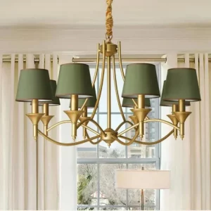 Lustre métal vintage design européen chambre salon lampes suspendues lumière dorée abat-jours vert éclairage élégant moderne