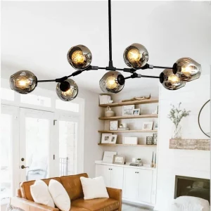 Plafonnier moderne design industriel suspendu verre fumé métal noir salon salle à manger éclairage chaleureux lumière douce ambiance contemporaine