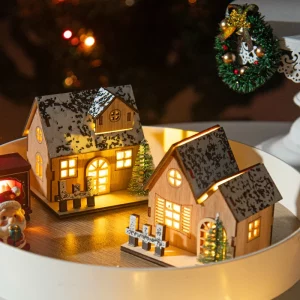 Lampe de table bois LED maison miniature neige festive décoration Noël éclairage chaleureux élégant naturel