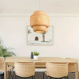 Suspension en bambou tressé design bohème naturel lumière douce éclairage salon chambre salle à manger décoration intérieure artisanale