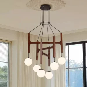 Plafonnier bois massif design nordique scandinave LED éclairage chaleureux salon salle à manger restaurant bar moderne élégant économie d’énergie