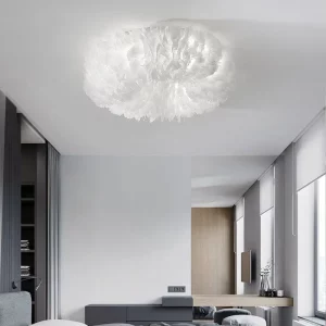 Plafonnier en plumes design moderne éclairage doux lumière diffuse salle à manger chambre salon décoration élégante ambiance chaleureuse