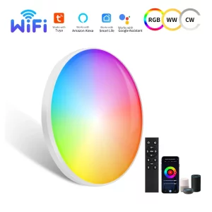 Plafonnier LED intelligent RGB Wi Fi  lumière décorative intérieure  design moderne high-tech  compatible Alexa Google Home  éclairage personnalisable  économie d’énergie  installation facile  entretien minimal