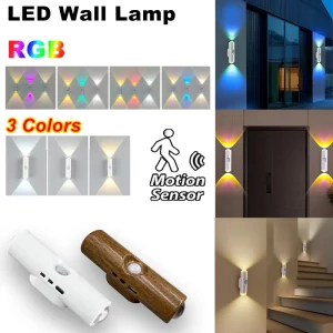 Applique murale bois LED RGB Warmlight détecteur mouvement lumière haut bas design moderne éclairage intérieur extérieur économies d’énergie salle escalier couloir