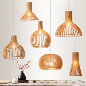 Suspension en bambou et bois design scandinave nordique éclairage chaleureux pour salon chambre restaurant cuisine écoresponsable