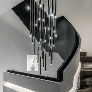 Suspension LED aluminium design moderne minimaliste éclairage loft salon escalier hôtel duplex ambiance artistique épurée haute qualité certification UL ROHS Suspension LED aluminium design moderne minimaliste éclairage loft salon escalier hôtel duplex ambiance artistique épurée haute qualité certification UL ROHS